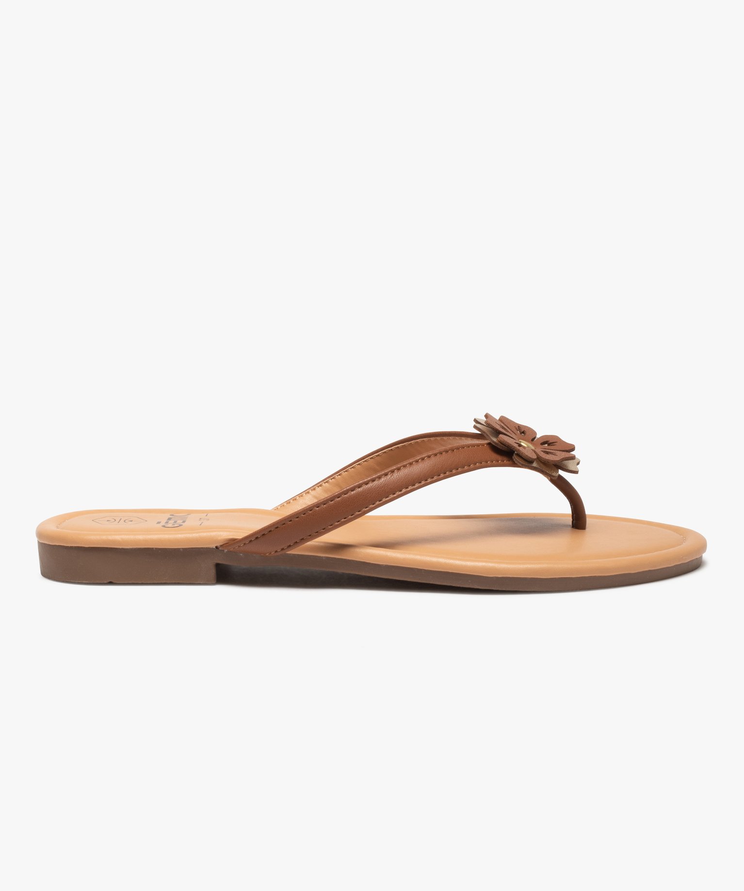 Tongs femme à petit talon plat et fleur sur l’entre-doigts marron | GEMO