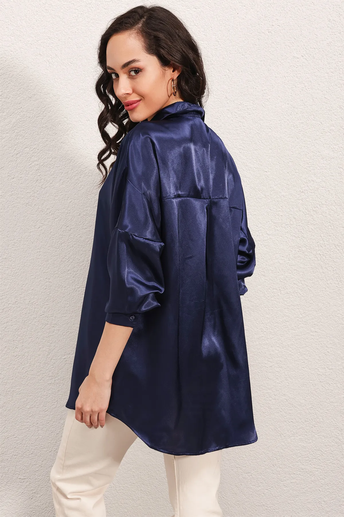 Bigdart  3985 Oversize-Satinhemd – Marineblau