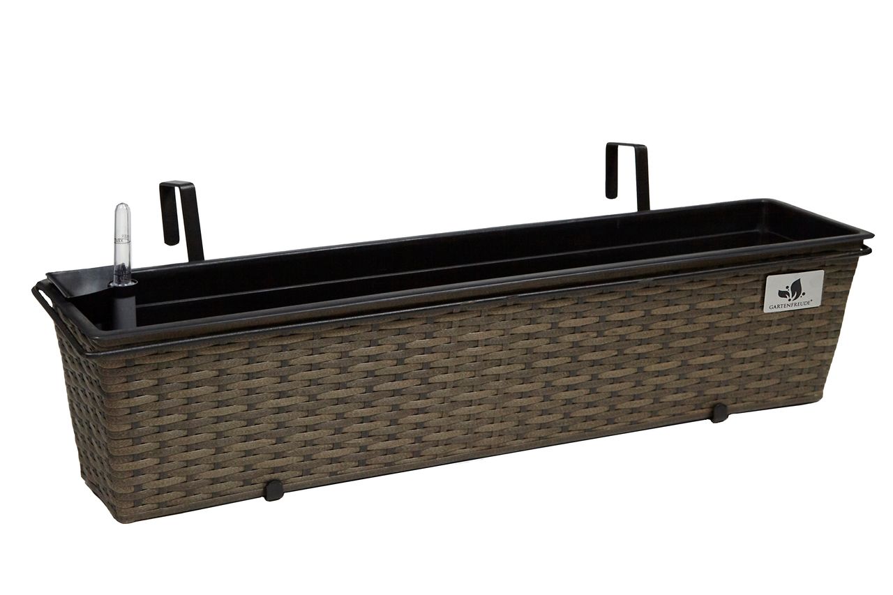 Weles Polyrattan Balkonkasten inkl. Aufhängung, 80 x 19 x 18 cm, mit Bewässerungssystem, cappuccino