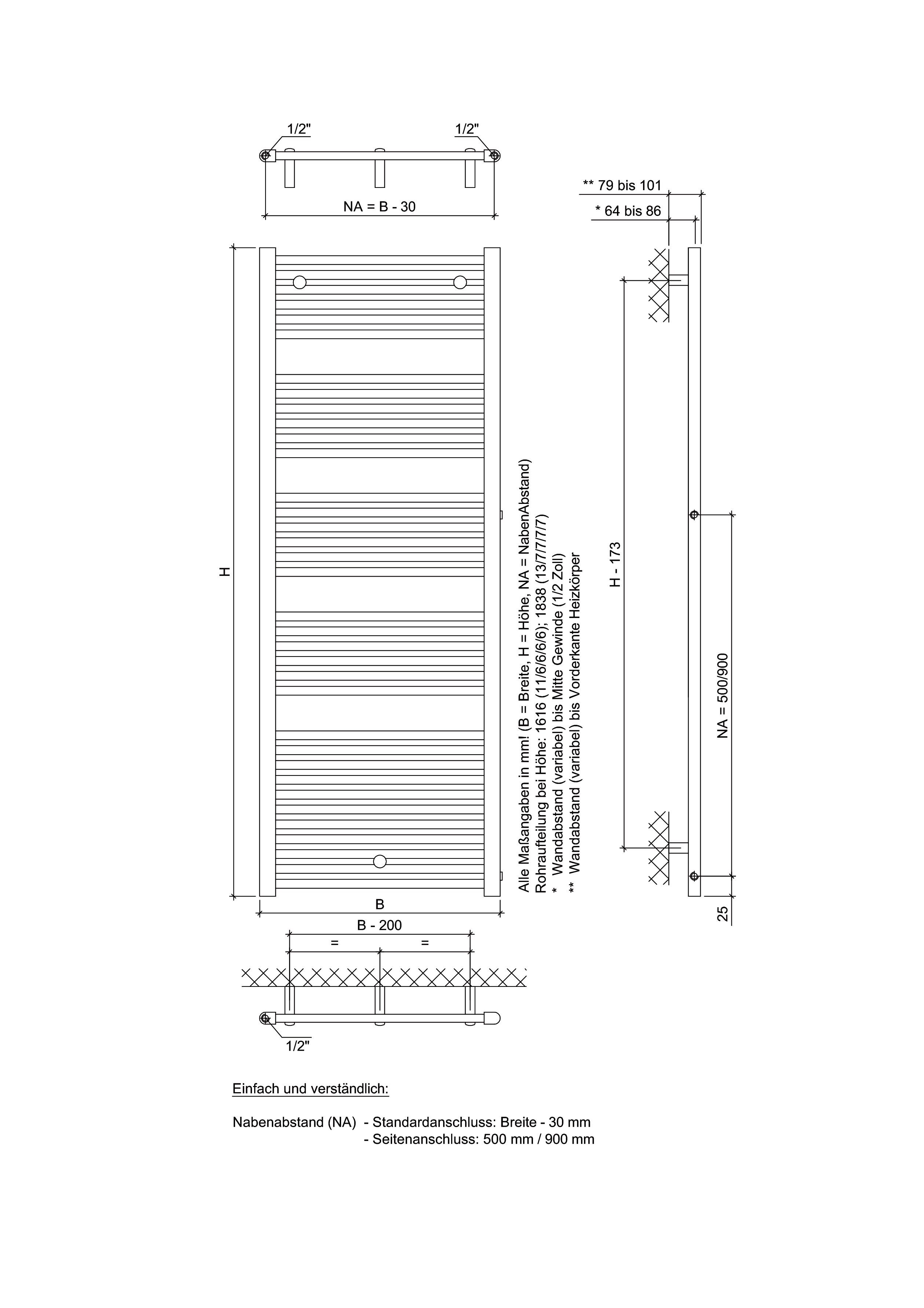 Ximax Badheizkörper Hektor SA 1616 mm x 600 mm, 904 Watt, Seitenanschluss NA: 900 mm, weiß