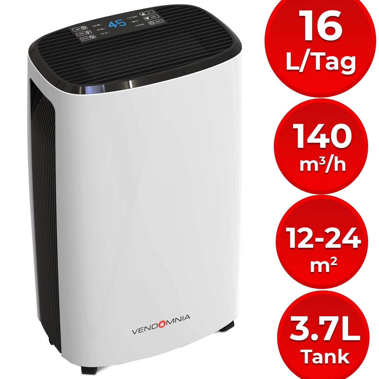 VENDOMNIA Luftreiniger Luftentfeuchter 16/20 L Auto-Modus Raumentfeuchter, Entfeuchtungsgerät, für 30 m² Räume, 3,7L Behälter, bis 30 m², elektrisch, Timer, Wäschetrocknung