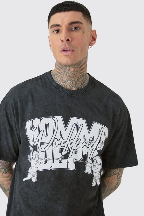 Tall Oversize Homme Dept T-Shirt mit Acid-Waschung und Grau