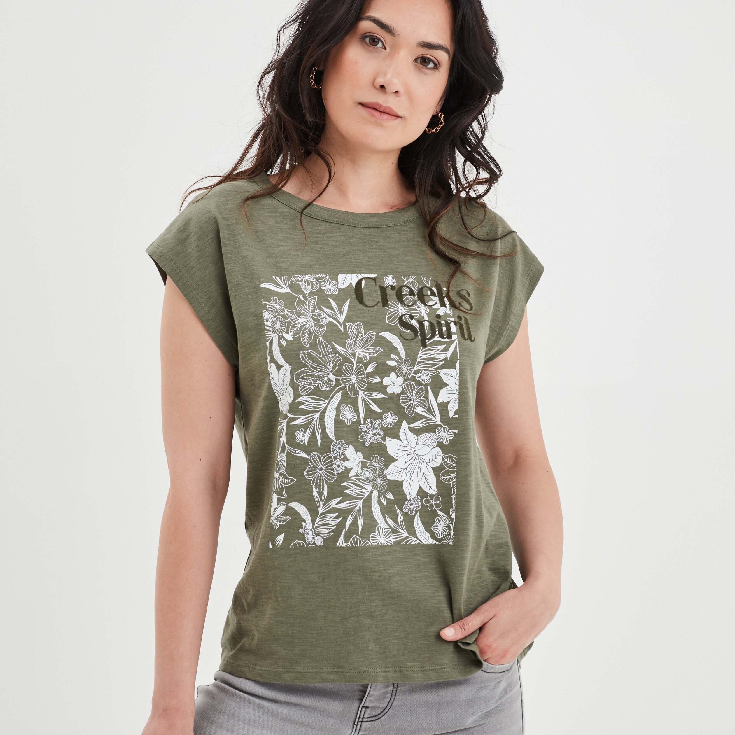 T-shirt droit manches courtes Creeks vert kaki femme | La Halle