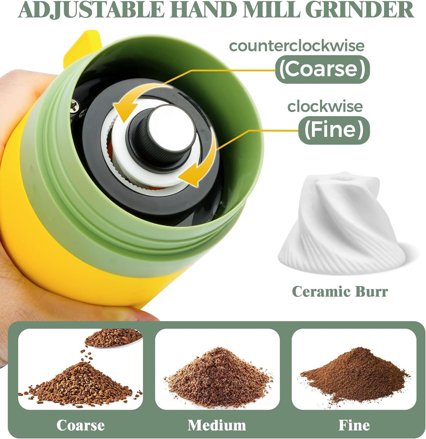 YUHRO Kaffeemühle Manuelle Kaffeemühle, einstellbare Grobheit., Hand-Kaffeemühle für unterwegs und Reisen, mit Keramikmahlwerk.