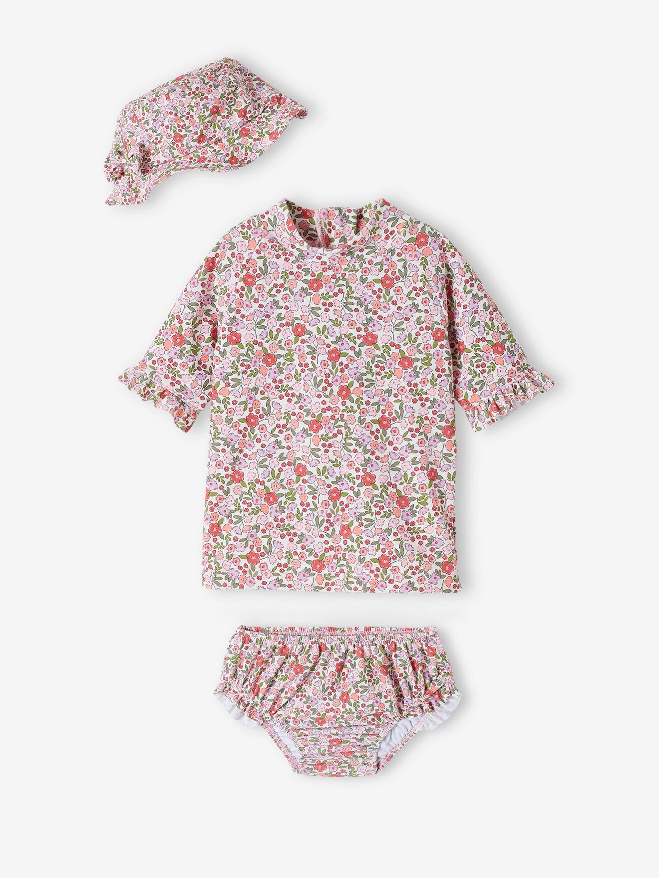 Vertbaudet Mädchen Baby-Set mit UV-Schutz: Shirt, Badehose & Sonnenhut Oeko-Tex - rosa