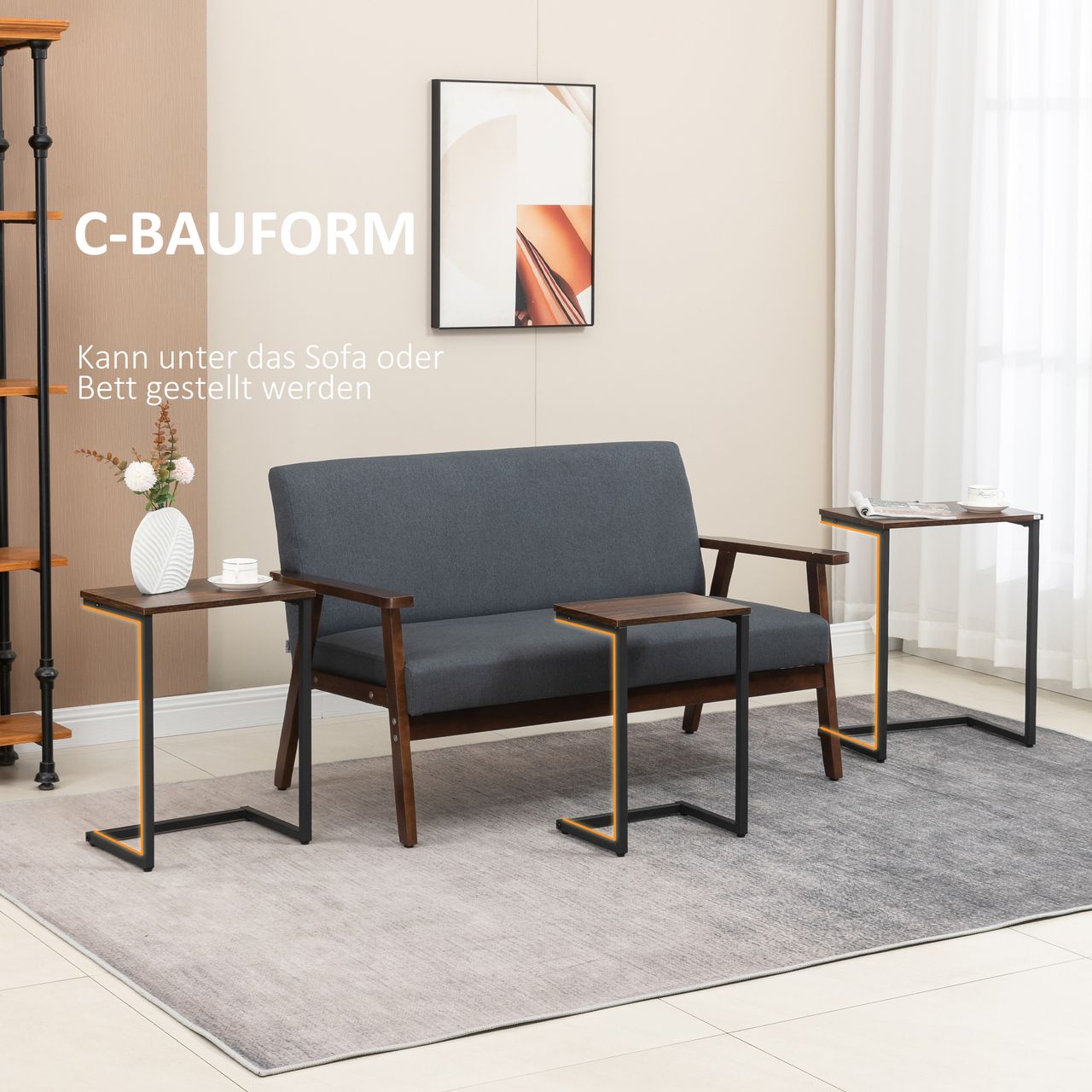 HOMCOM 3er-Set Beistelltische platzsparende Satztische mit Stahlgestell Braun