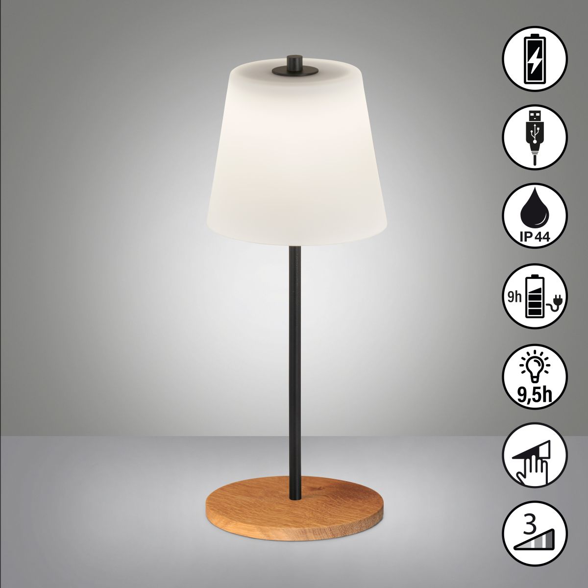 Fischer & Honsel Akku Tischlampe Shine-Wood Opalweiß