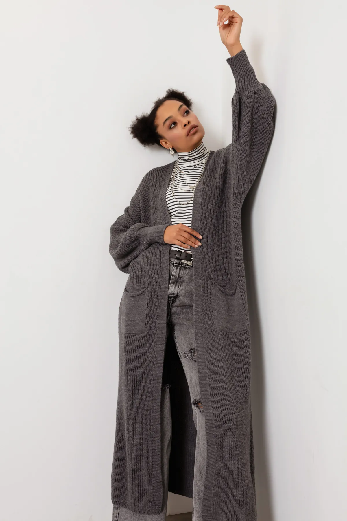 Lafaba  Anthrazitfarbener langer Cardigan mit Ballonärmeln für Damen