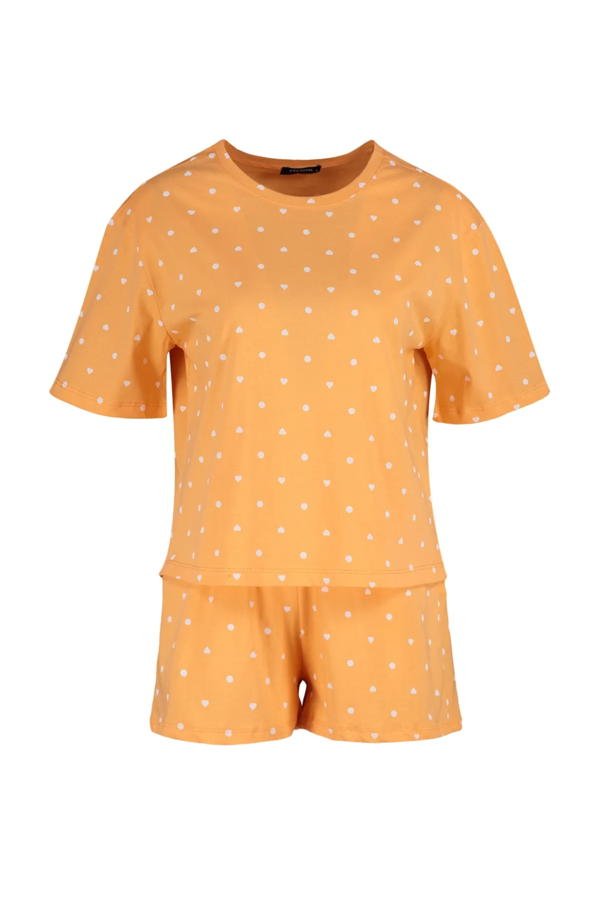 Trendyol Collection  Orangefarbenes Pyjama-Set aus T-Shirt und Shorts mit Herzmuster aus 100 % Baumwolle THMSS21PT1485