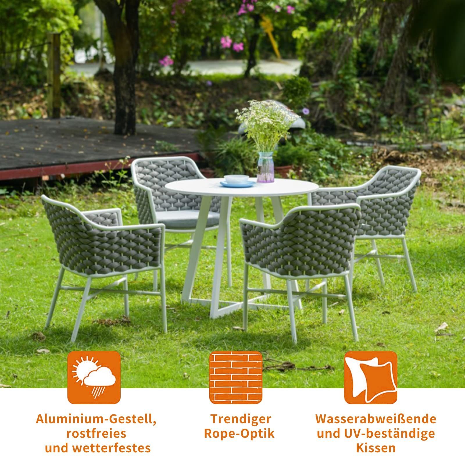 OKA Rattanstuhl Gartenstuhl-Set mit 2 Stück 58x57x79 cm, Mit Kordelgeflecht und weichem Sitzkissen, Edelstahlgestell