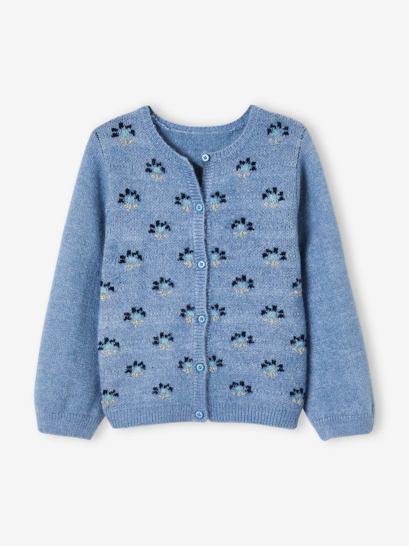 Gilet jacquard fille motifs fleurs rehaussés de fil brillant bleu
