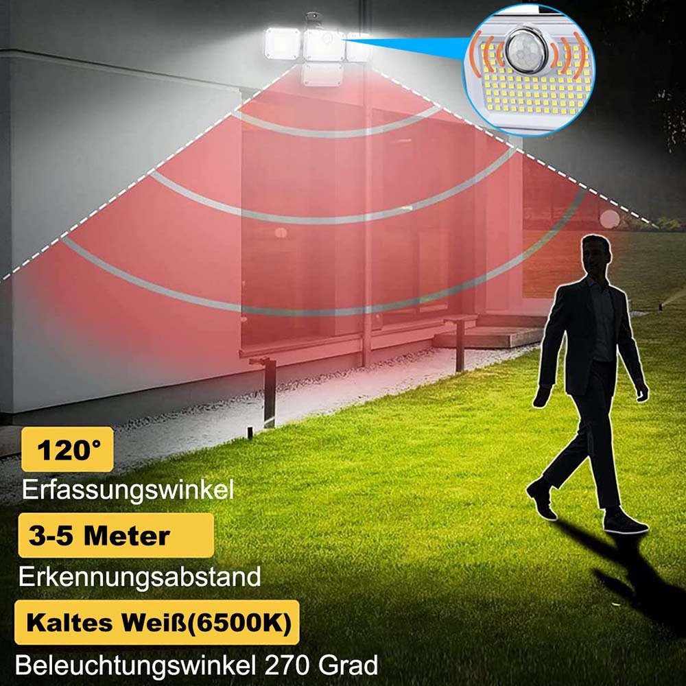 Rosnek LED Gartenleuchte Solar, 4 Köpfe, Bewegungssensor, für Außen Garage Innenhof Hof, Kaltweiß, wasserdicht, Fernbedienung, mit 5M Kabel