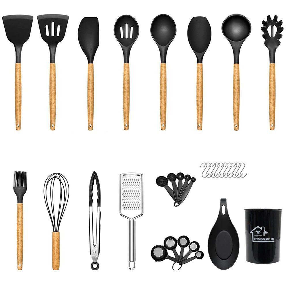 Bedee Kochbesteck-Set Silikon Kochgeschirr Set, Küchengerät 34 Stück (Küchenutensilien, Spachtel-Set mit Halter, Holzgriffen, 34-tlg), Antihaft Kochgeschirr Set mit Behälter
