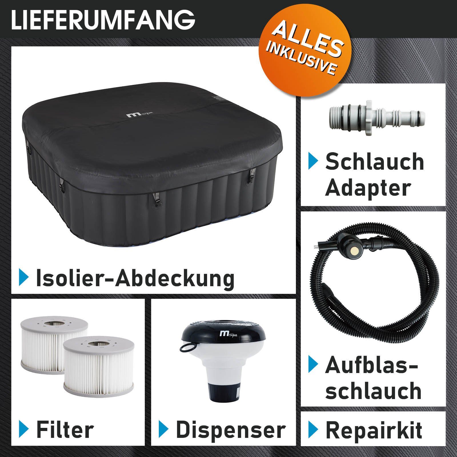 BRAST Whirlpool BRAST aufblasbar Tekapo für 4 Personen 158x158cm, (In-Outdoor Pool 108 Massagedüsen Timer Heizung), Aufblasfunktion per Knopfdruck Bubble Spa Wellness Massage