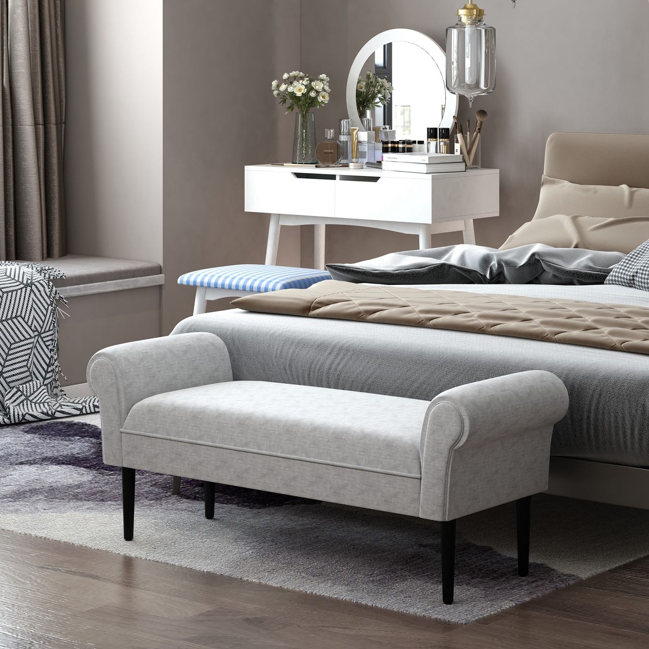 HOMCOM Polsterbank Sitzbank Lounge Sitzhocker Flurbank Bettbank elegant mit gerollten Seiten Leinenstoff Schaumstoff Polyester Hellgrau 132 x 45,5 x 58 cm
