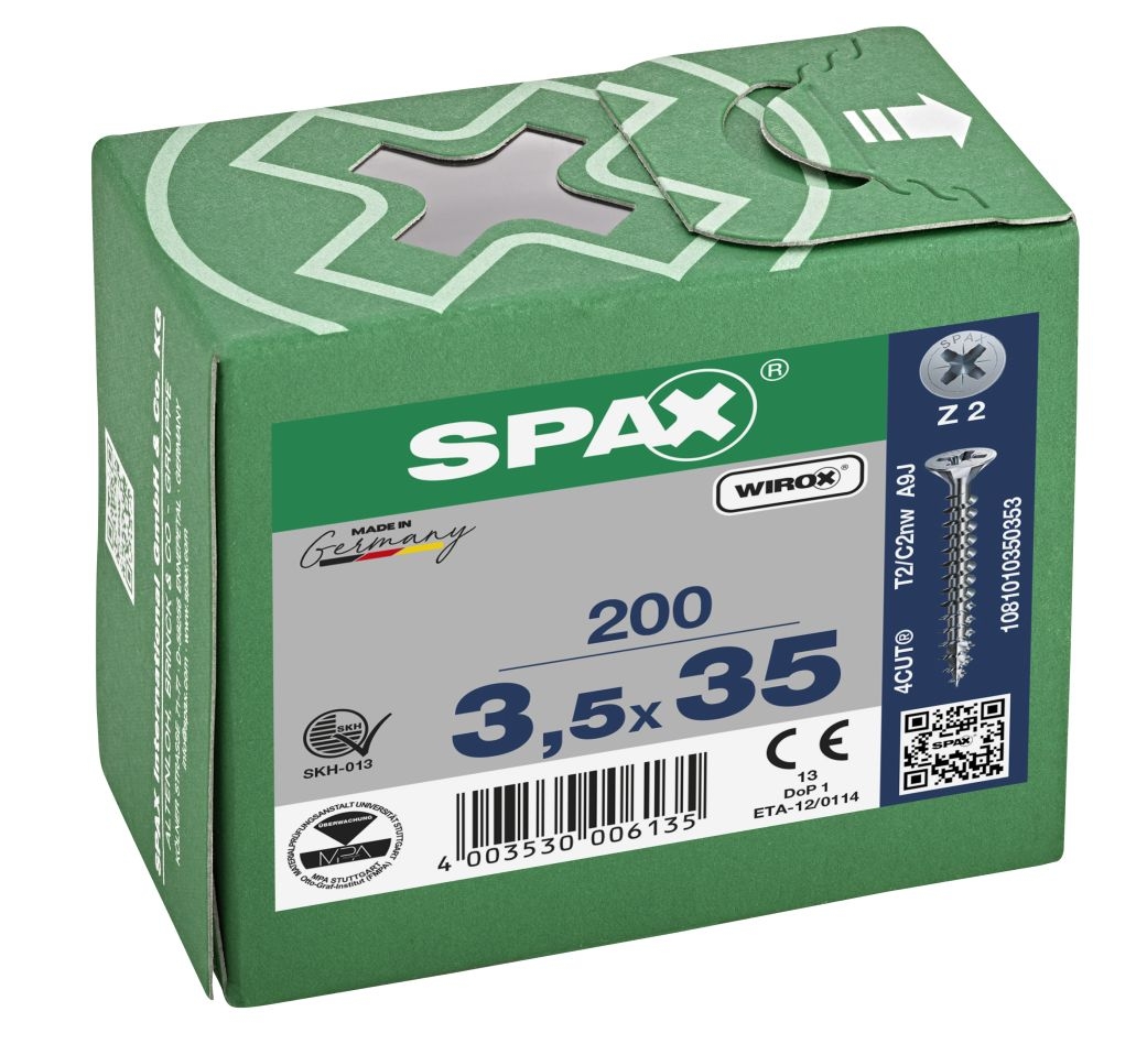 SPAX 1081010350353 Universalskruv 3,5 x 35 mm, Fullgänga, Försänkt huvud, Phillips huvud Z2 - 200 delar