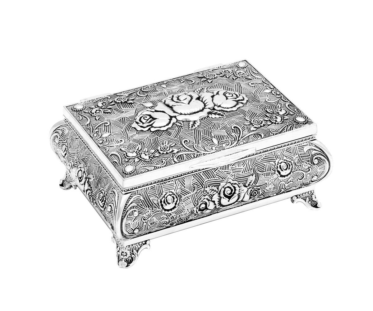 Brillibrum Schmuckkasten Schmuckschatulle Rose versilbert Schmuckkästchen Barock mit Rosen Motiv Schatulle Silber aus Metall kleine Schatulle