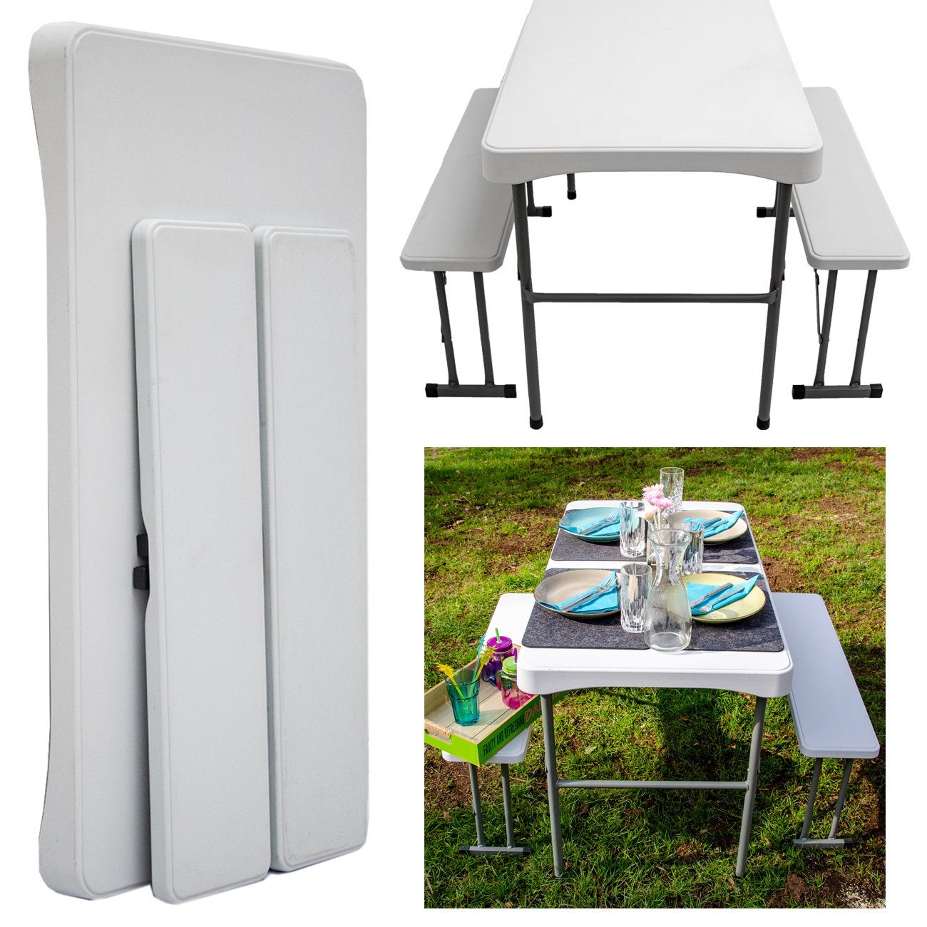 AMANKA Bierzeltgarnitur Bierzeltgarnitur für 4 Personen Tisch Set+2 Bänke, 112 x 61 cm Kunststoff Weiß