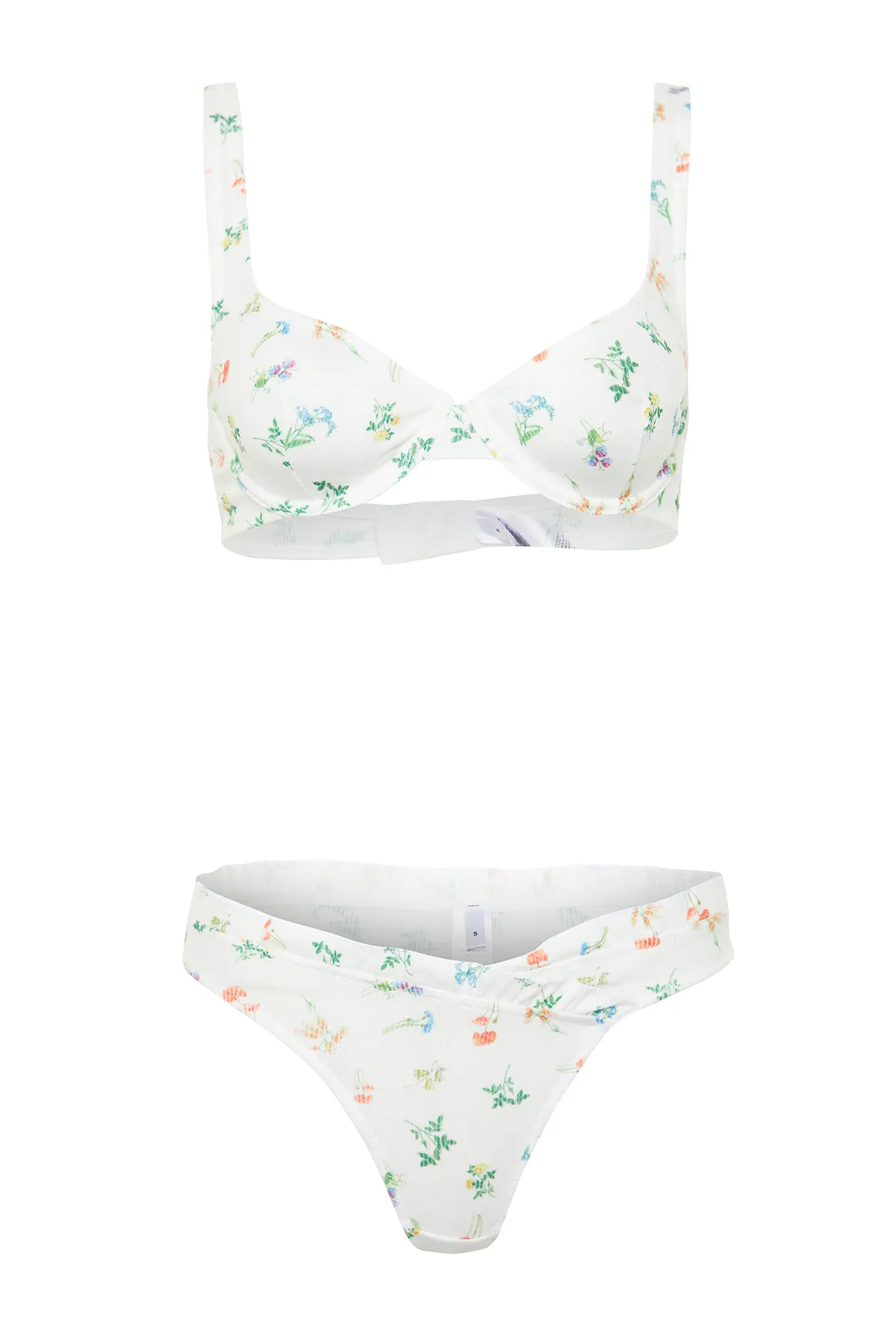 Trendyol Collection  Ecrufarbenes, florales Unterwäscheset mit Seilträgern und ohne Kappe aus Strick THMSS24CC00032
