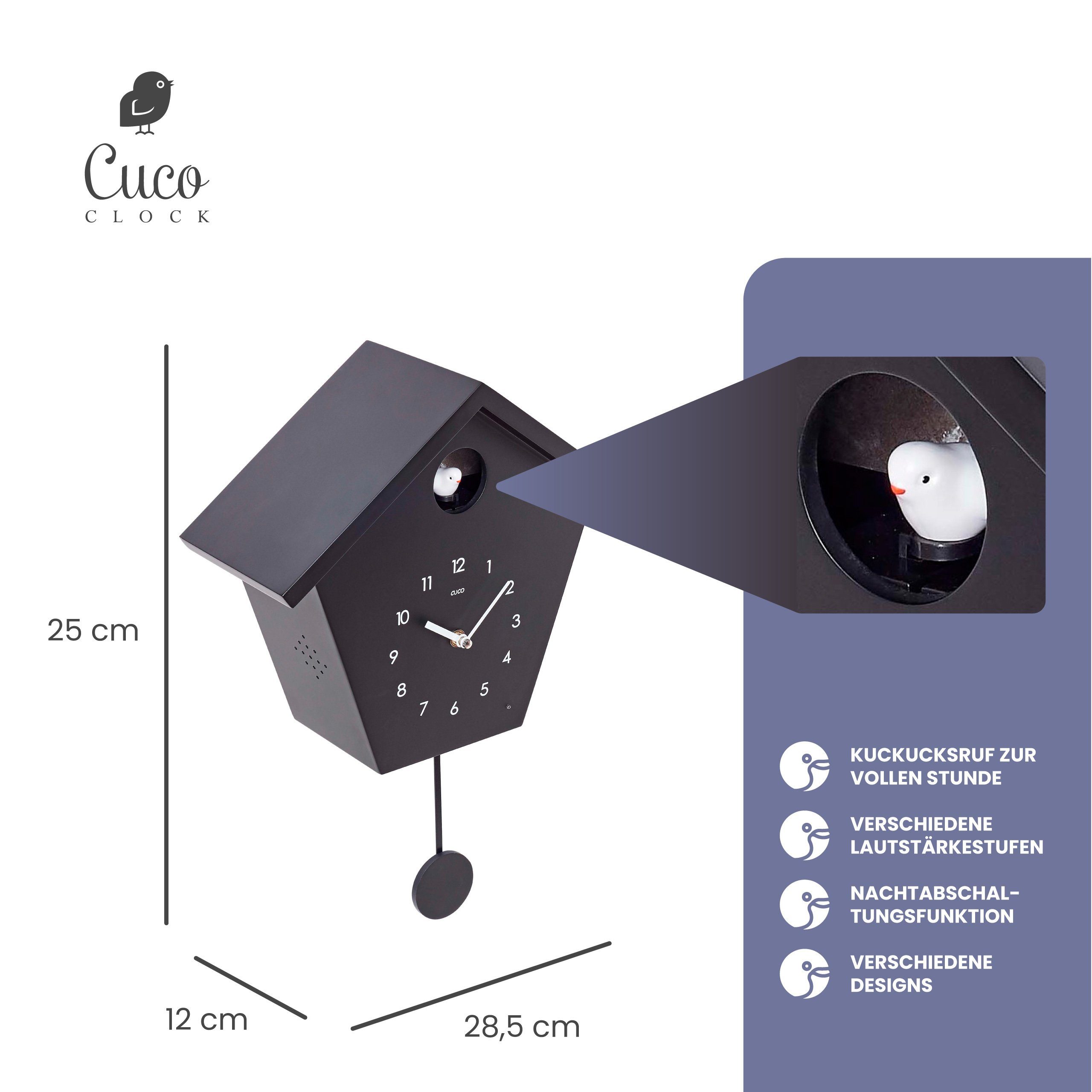 Cuco Clock Wanduhr Kuckucksuhr SCHWARZWALDHAUS, Pendeluhr Wanduhr, Moderne Schwarzwalduhr (37,5× 23 × 11,4cm, Pendeluhr mit Nachtruhefunktion, Vogelgezwitscher)