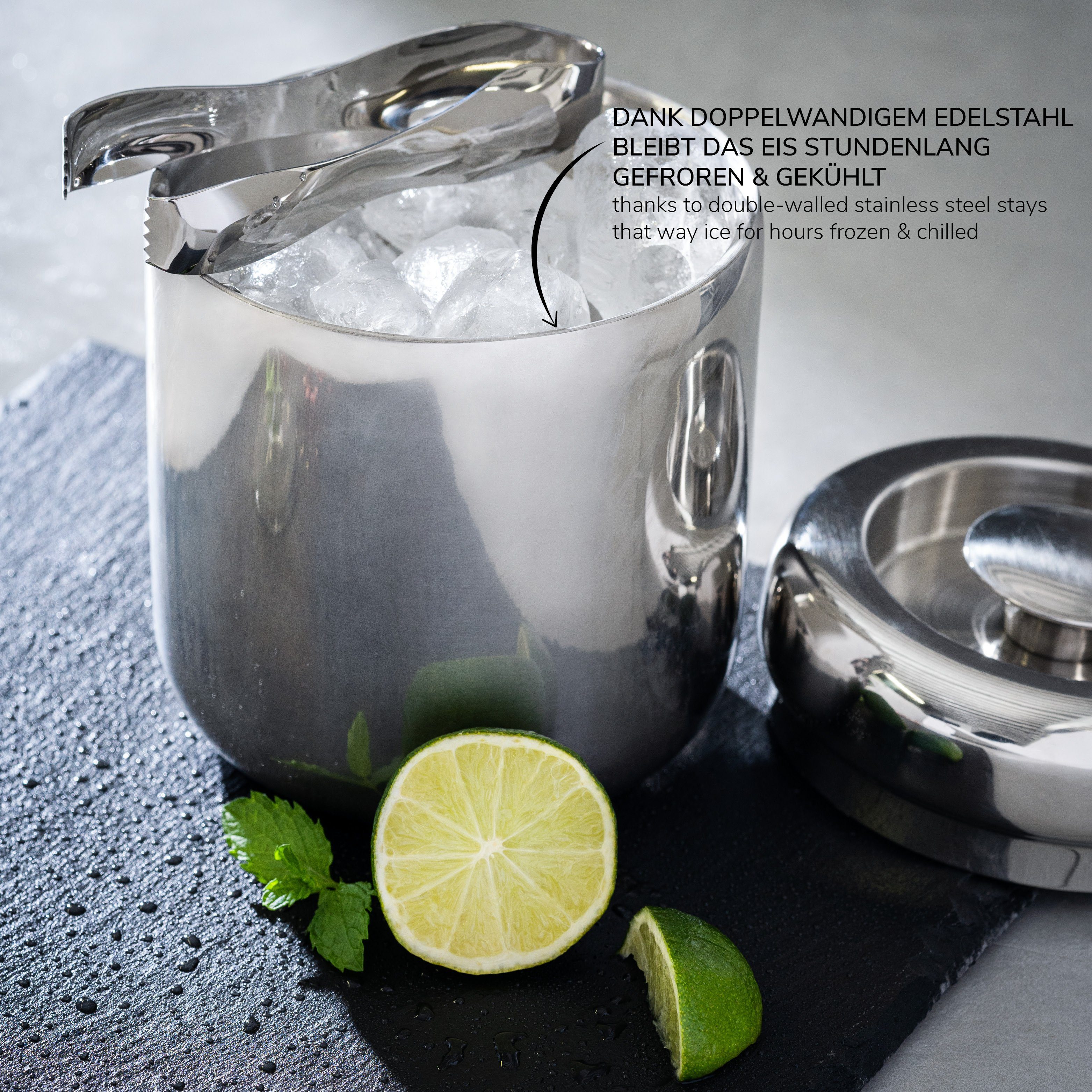 bremermann Eiswürfelbehälter bremermann Eiswürfelbehälter mit Zange, Edelstahl-Eiskübel mit Deckel, Edelstahl, (Komplett-Set), Fassungsvermögen 1,5 l