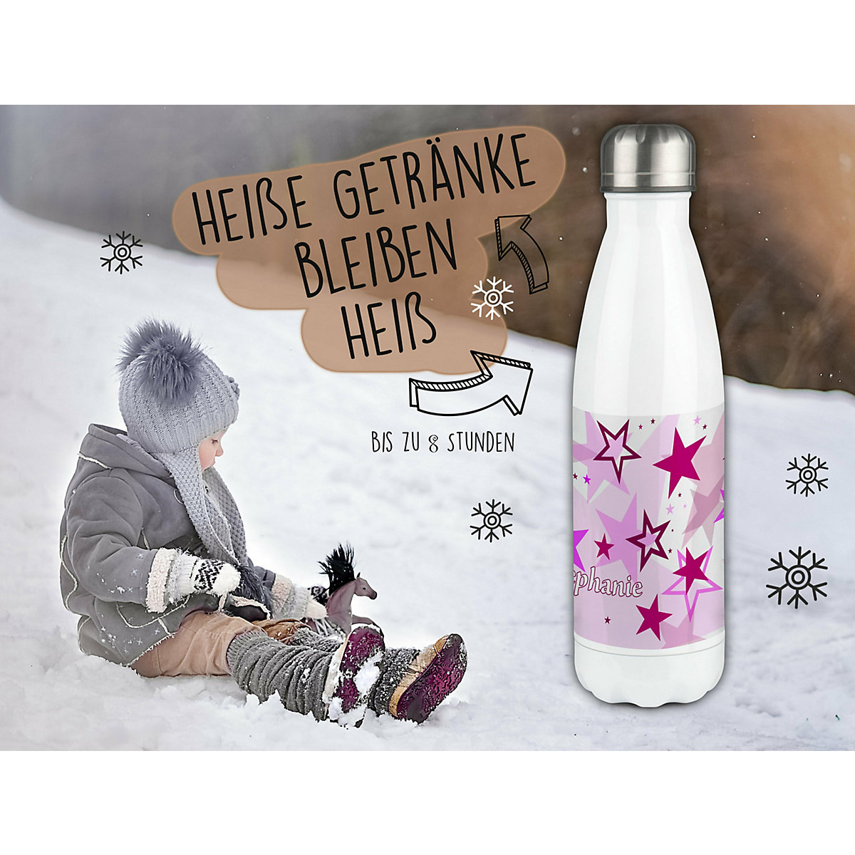 Edelstahl Kinder Thermoflasche / Trinkflasche bunt Sternenhimmel Farbe rosa Spülmaschinenfest, Auslaufsicher, Bruchfest, Doppelwandig, Für Heißgetränke geeignet, Mit Deckel, Isoliert