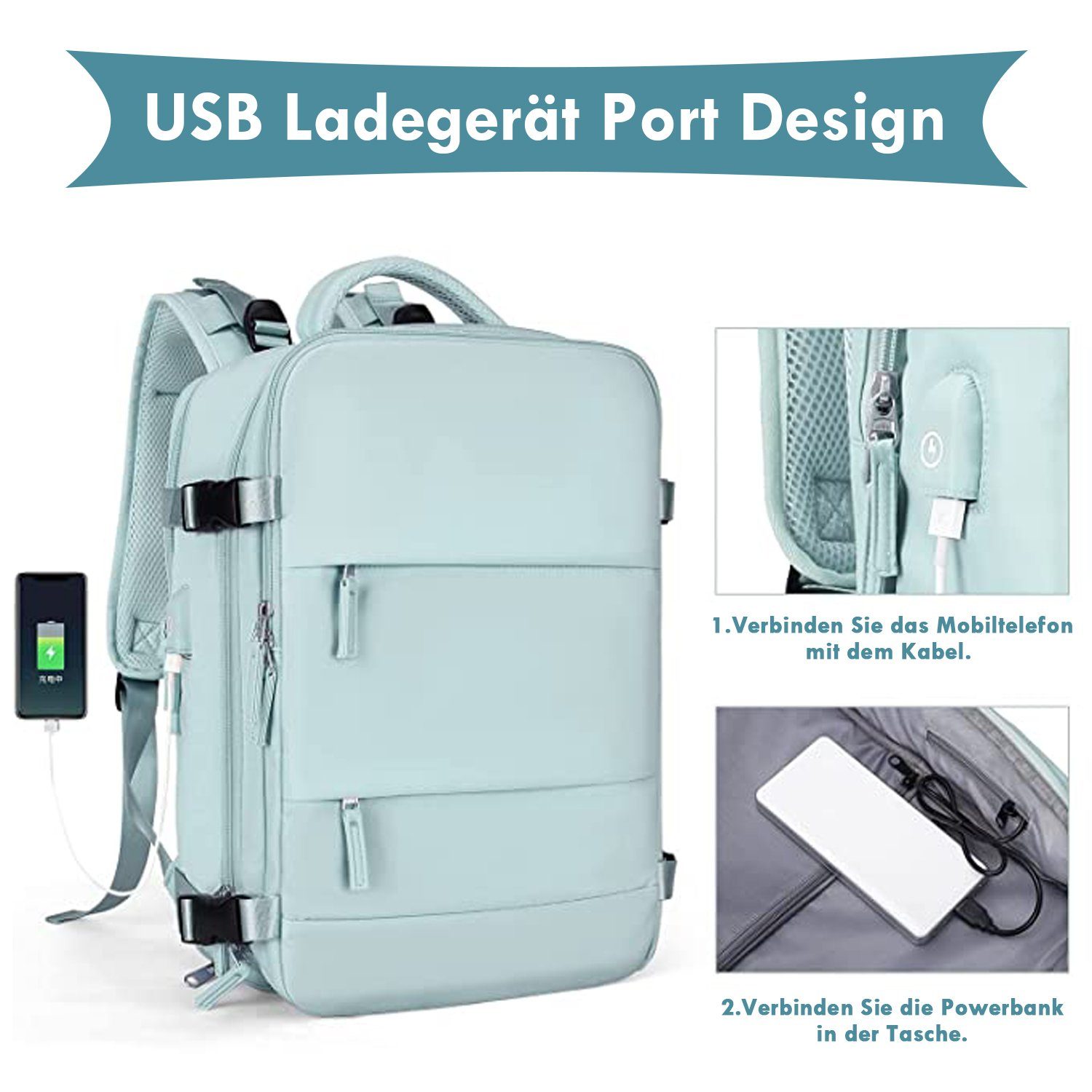 Vicbuy Reiserucksack 45L Supergroßer Handgepäck mit USB-Ladeanschluss, für 14 Zoll Laptop (mit Schulfach, Wasserdicht Wandern Outdoor-Sport Lässiger Tagesrucksack Schultasche), Rucksack Herren Damen Reiserucksack, Flugzeug genehmigt