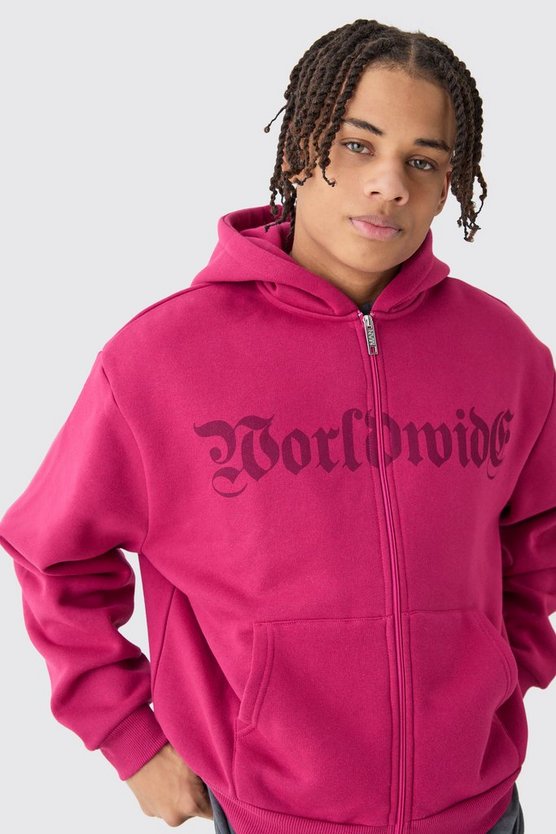 Kastiger Oversize Worldwide Hoodie mit Reißverschluss