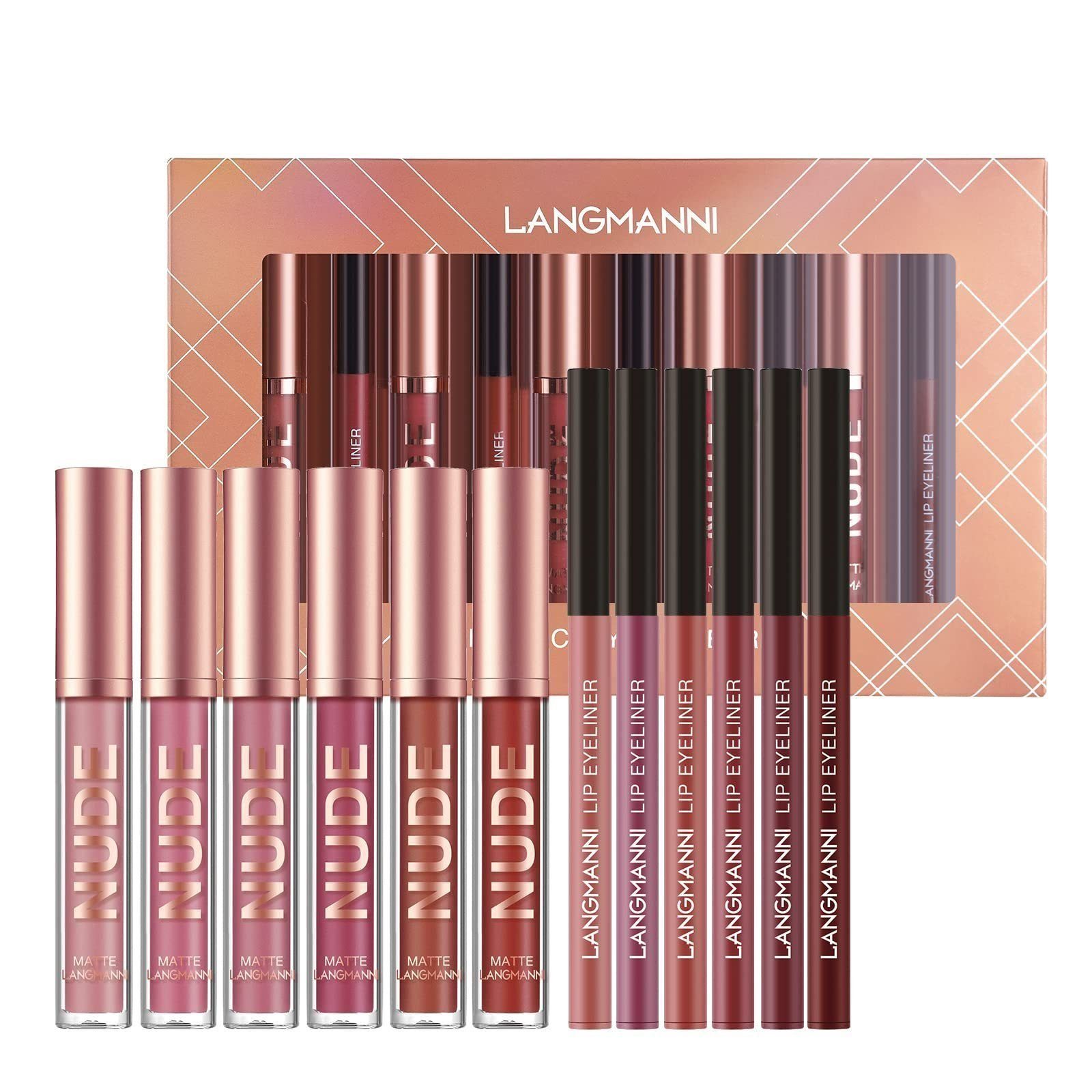 POCHUMIDUU Lippenstift-Set 12 Stück Lipgloss-Set, 6 Lippenstifte mit 6 Lippenkonturenstiften, 12-tlg., Wasserfest, Hochpigmentierter Samt, Lipgloss-Set