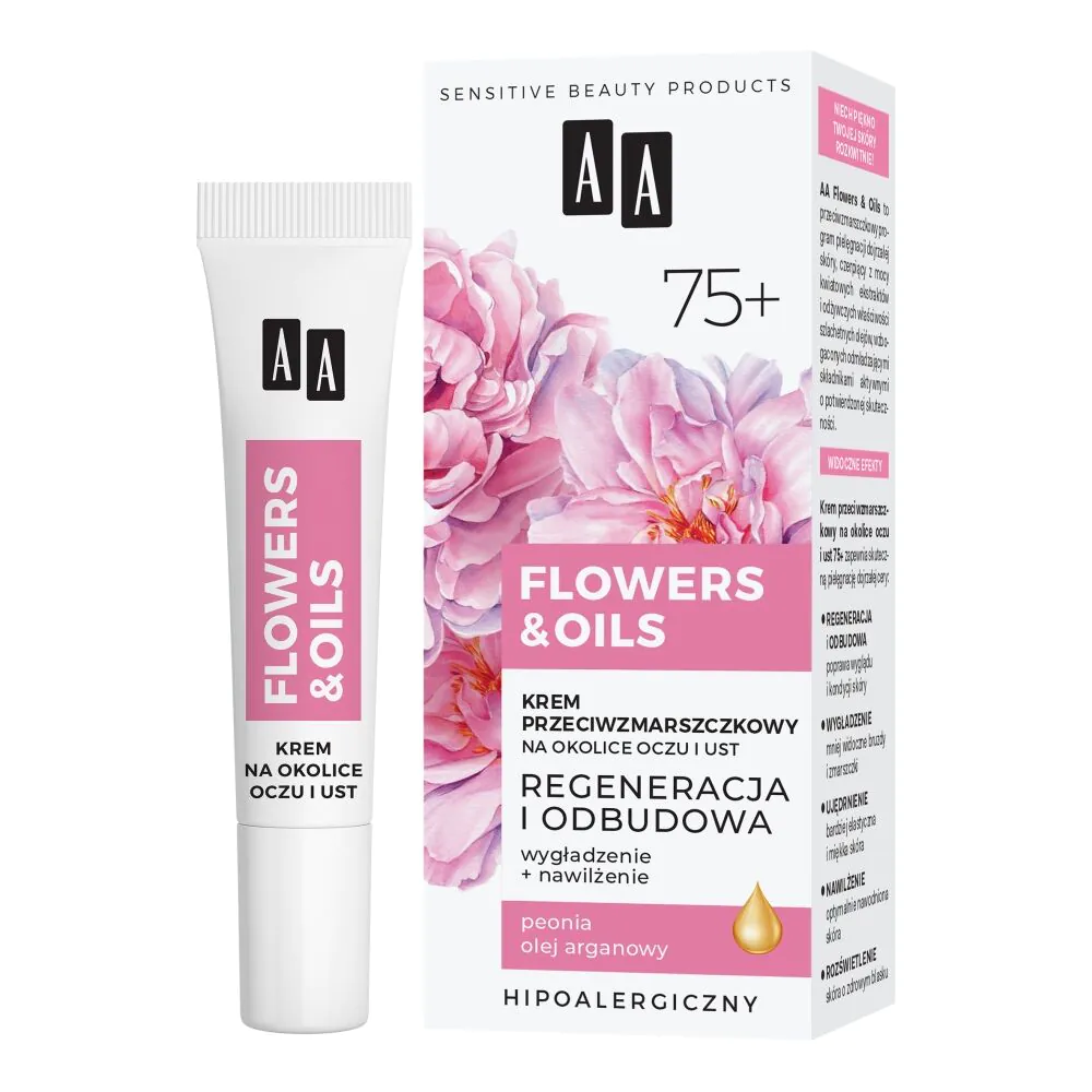 AA Flowers & Oils 75+ atkuriamasis kremas nuo raukšlių akių ir lūpų sričiai