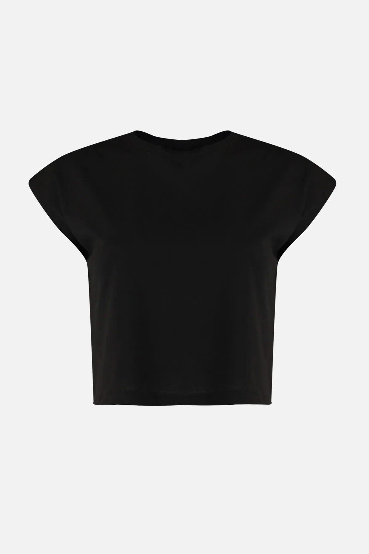 Trendyol Collection  Schwarzes Strick-T-Shirt aus 100 % Baumwolle mit Basic-Crop-Muster und niedrigen Ärmeln und Rundhalsausschnitt TWOSS22TS0378