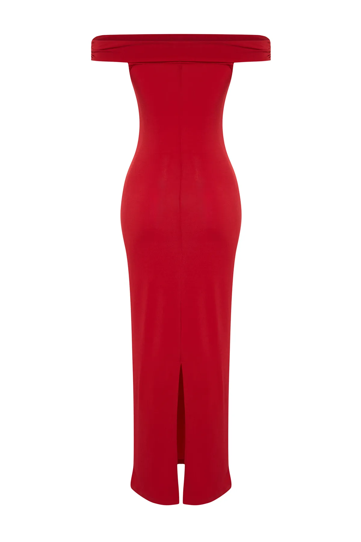 Trendyol Collection  Rotes Maxi-Bleistiftkleid aus flexiblem Strick mit Carmen-Kragen und figurbetontem Carmen-Ausschnitt TWOSS24EL00254