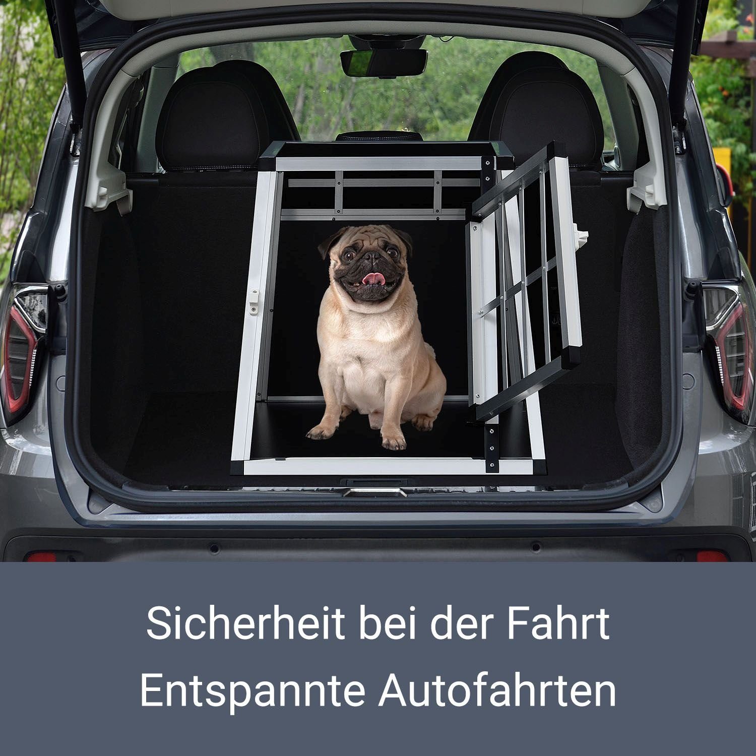 Juskys Tierreisebox Alu-Hundetransportbox in 4 versch. Größen: M, L, L-X, XL, Auto Hundebox robust und pflegeleicht, Gittertür verschließbar