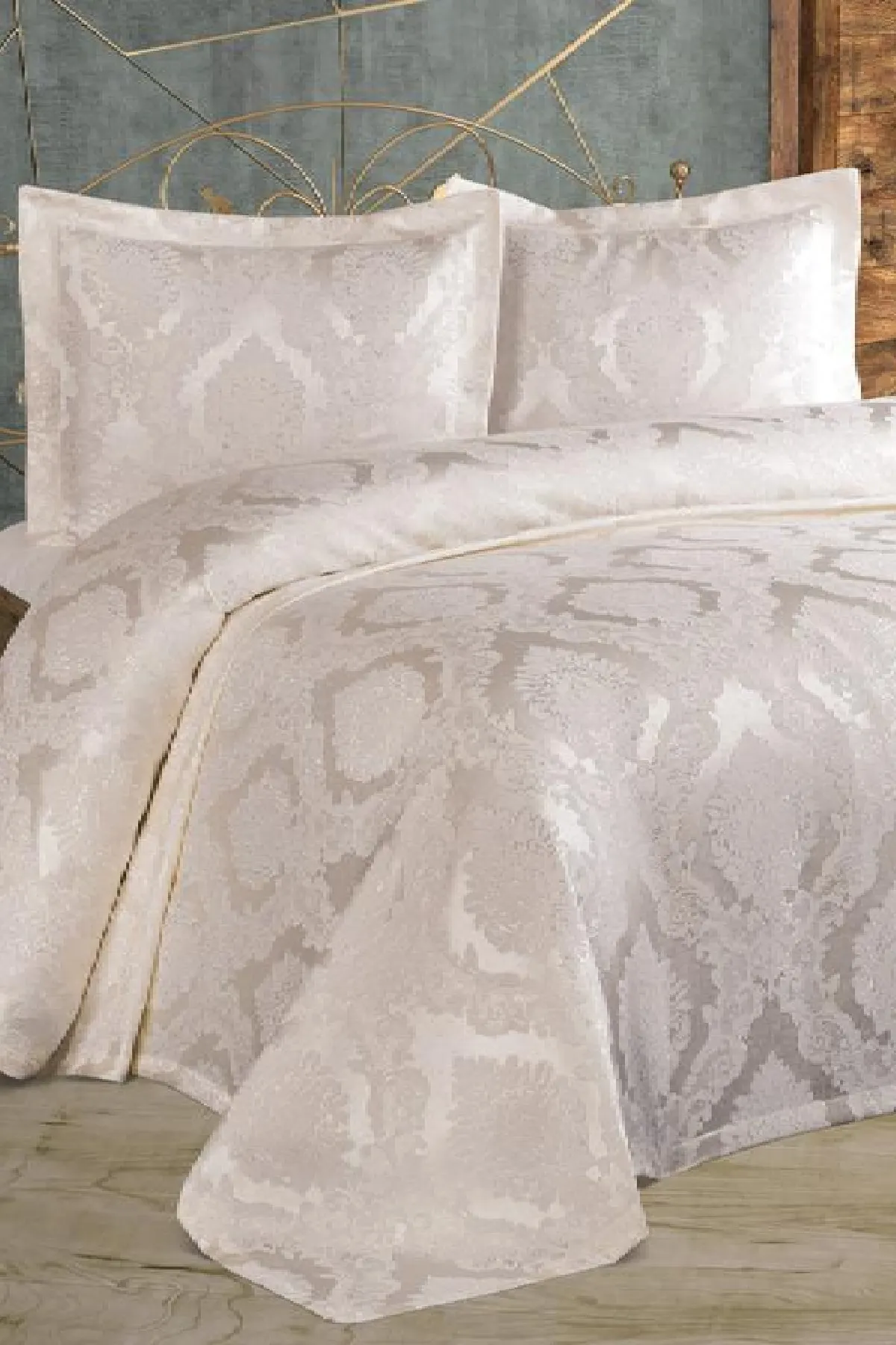 Çeyiz Diyarı  Şulem Jacquard-Chenille-Einzelbettdecke, Creme