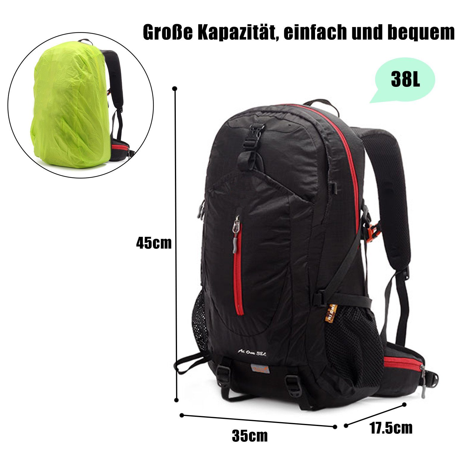 TAN.TOMI Wanderrucksack 38L Großer Wanderrucksack mit Rückenbelüftung, Wasserdicht (Einschließlich Regenschutz), mit Regenschutz für Outdoor Reisen Camping Trekking