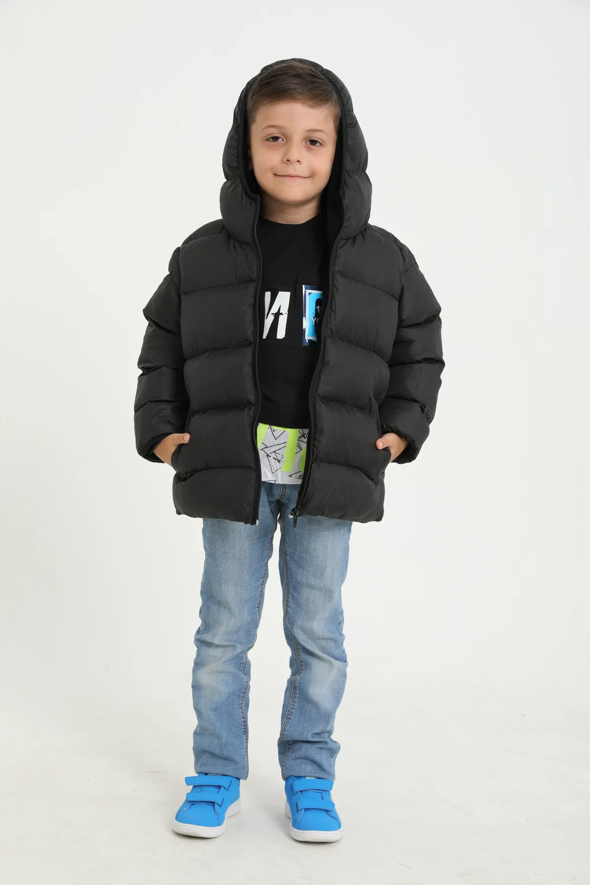 freemen  Schwarzer, wasserdichter, windabweisender Puffer-Wintermantel aus Fleece mit Fellkapuze für Jungen