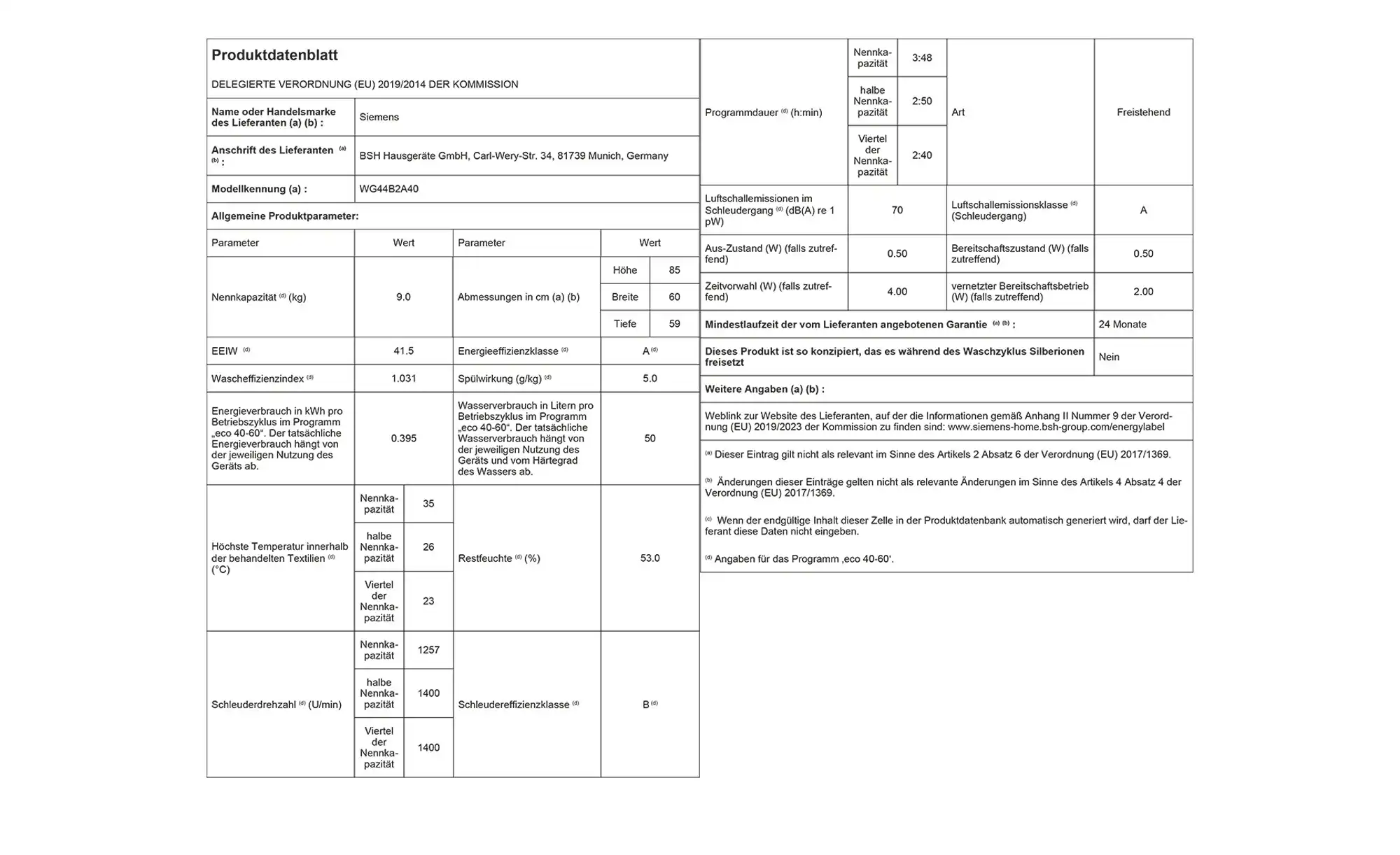 SIEMENS Wasschvollautomat WG44B2A40