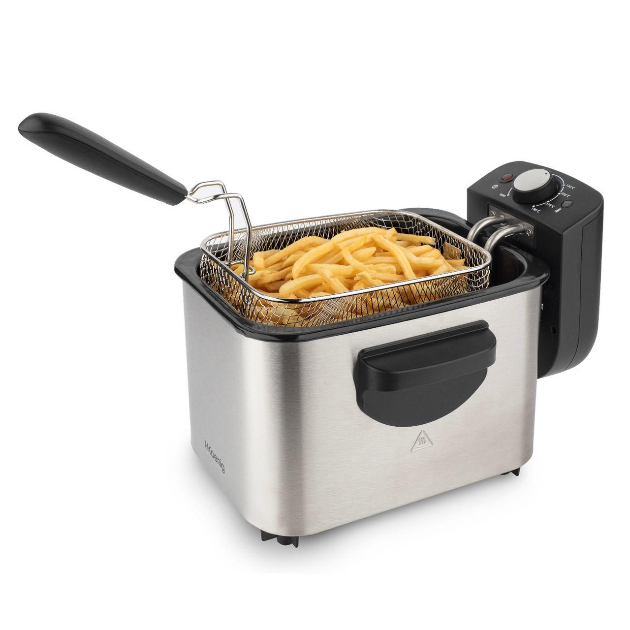 H.Koenig Elektro-Fritteuse DFX500 / 3 L / Edelstahl / Heißluft / Einstellbare Temperatur / Isolierte Griffe / Herausnehmbarer Korb / spülmaschinentauglich