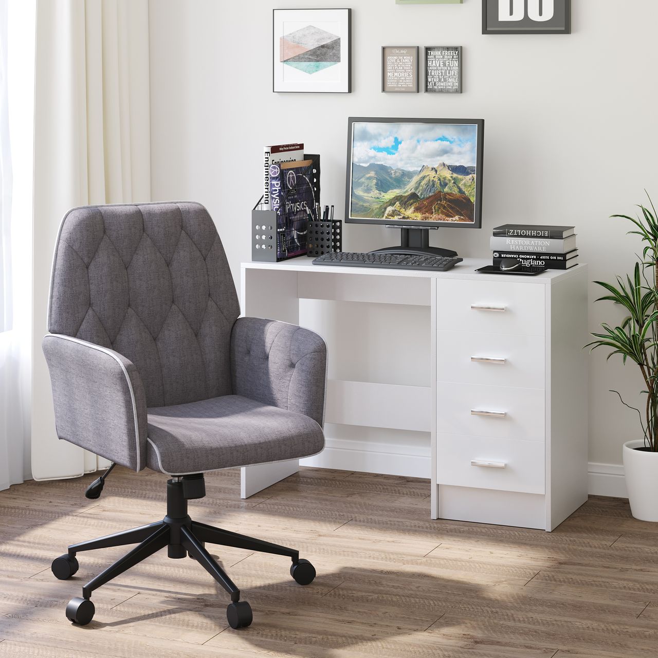 HOMCOM Bürostuhl mit Wippfunktion Drehstuhl Home-Office-Stuhl höhenverstellbarer Schreibtischstuhl ergonomisch 360°-Drehräder Schaumstoff Dunkelgrau 66 x 69 x 89,5-97 cm