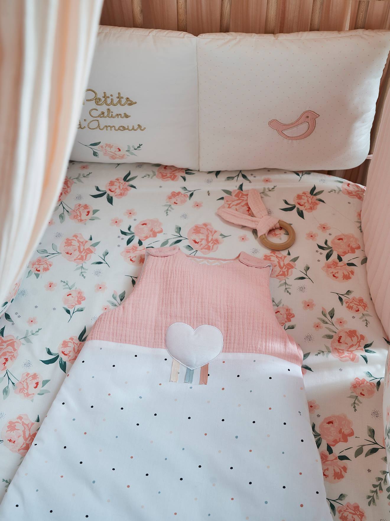 Vertbaudet Ärmelloser Baby Schlafsack LOVELY HEART Oeko Tex - rosa/weiß getupft