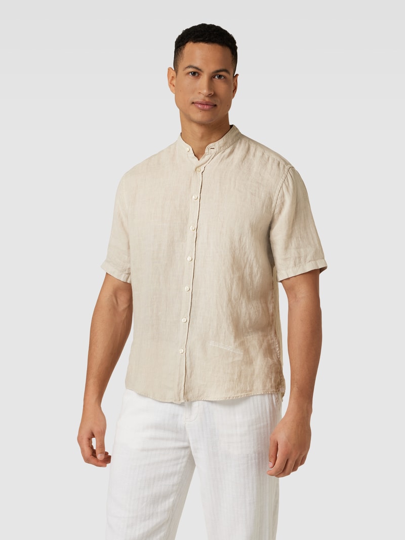 Regular Fit Freizeithemd aus reinem Leinen mit Maokragen in beige