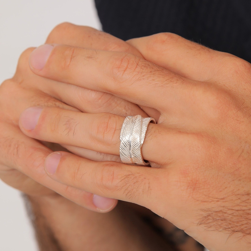 KUZZOI KUZZOI Bague Plume pour homme Déclaration Chunky Vintage Trend Solide en argent s Bague