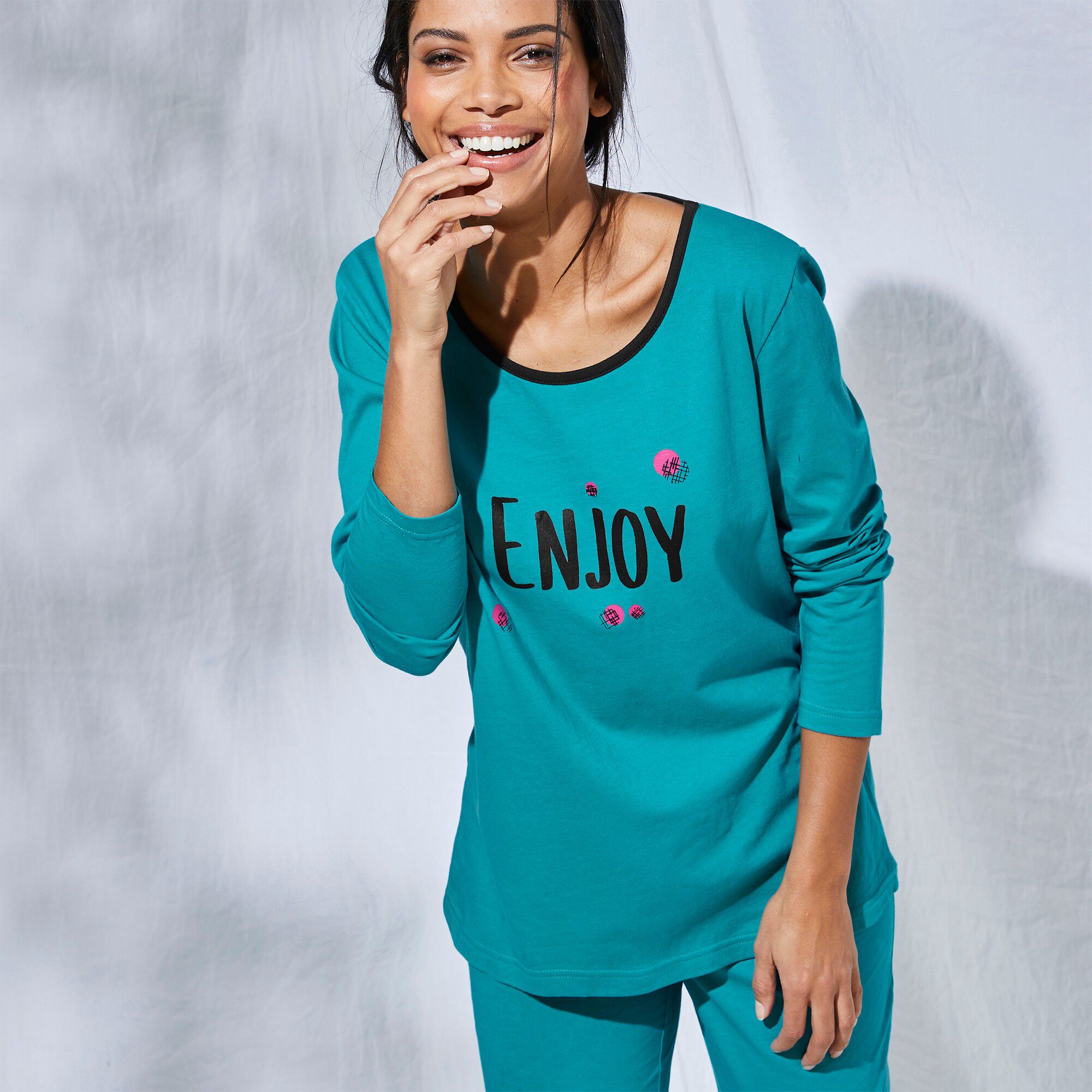 Tee-shirt manches longues coton uni imprimé placé 