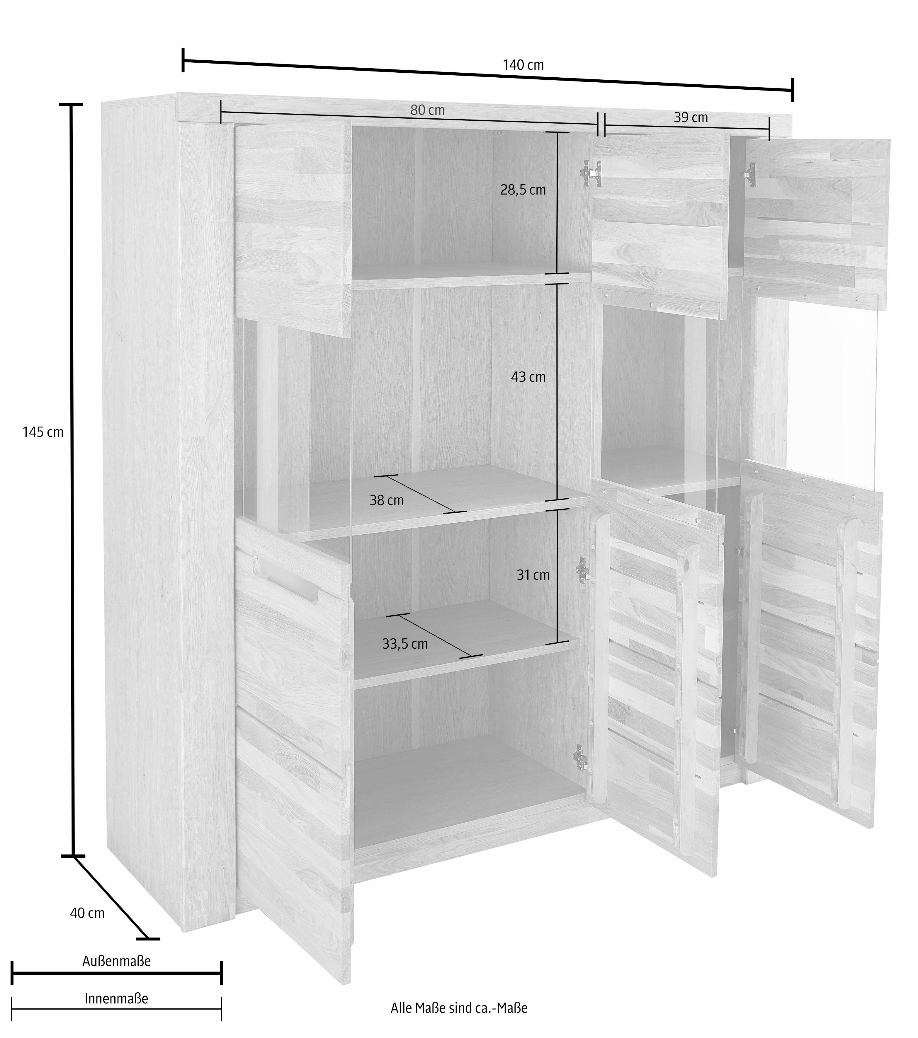 Woltra Highboard Kolding, Breite 140 cm mit 3 Glastüren
