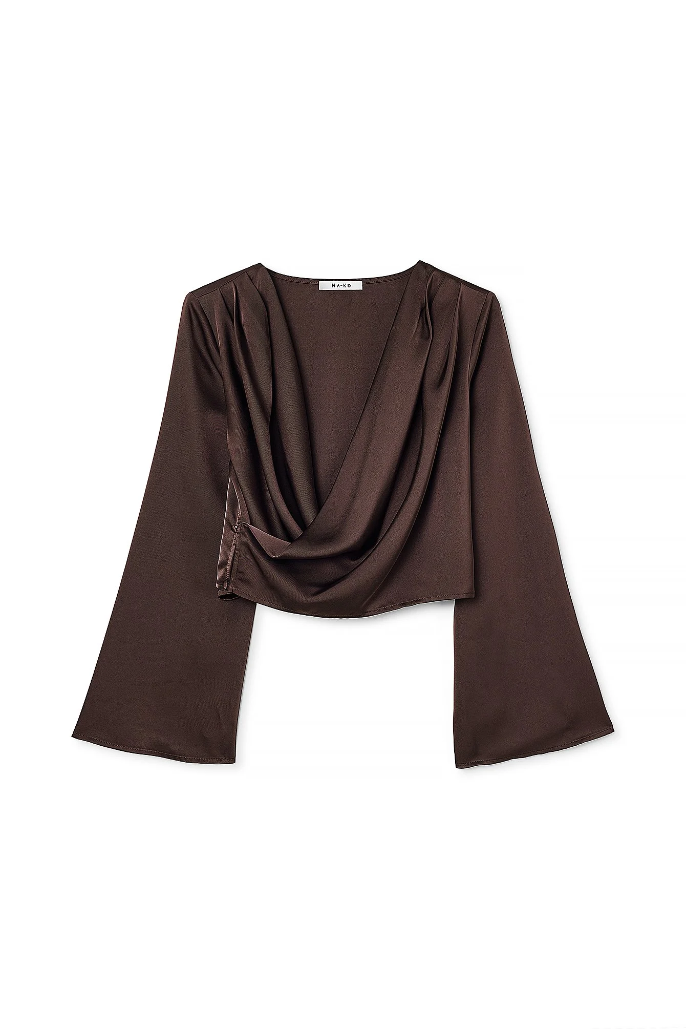 Asymmetrisches, überlappendes Satin-Oberteil mit langen Ärmeln