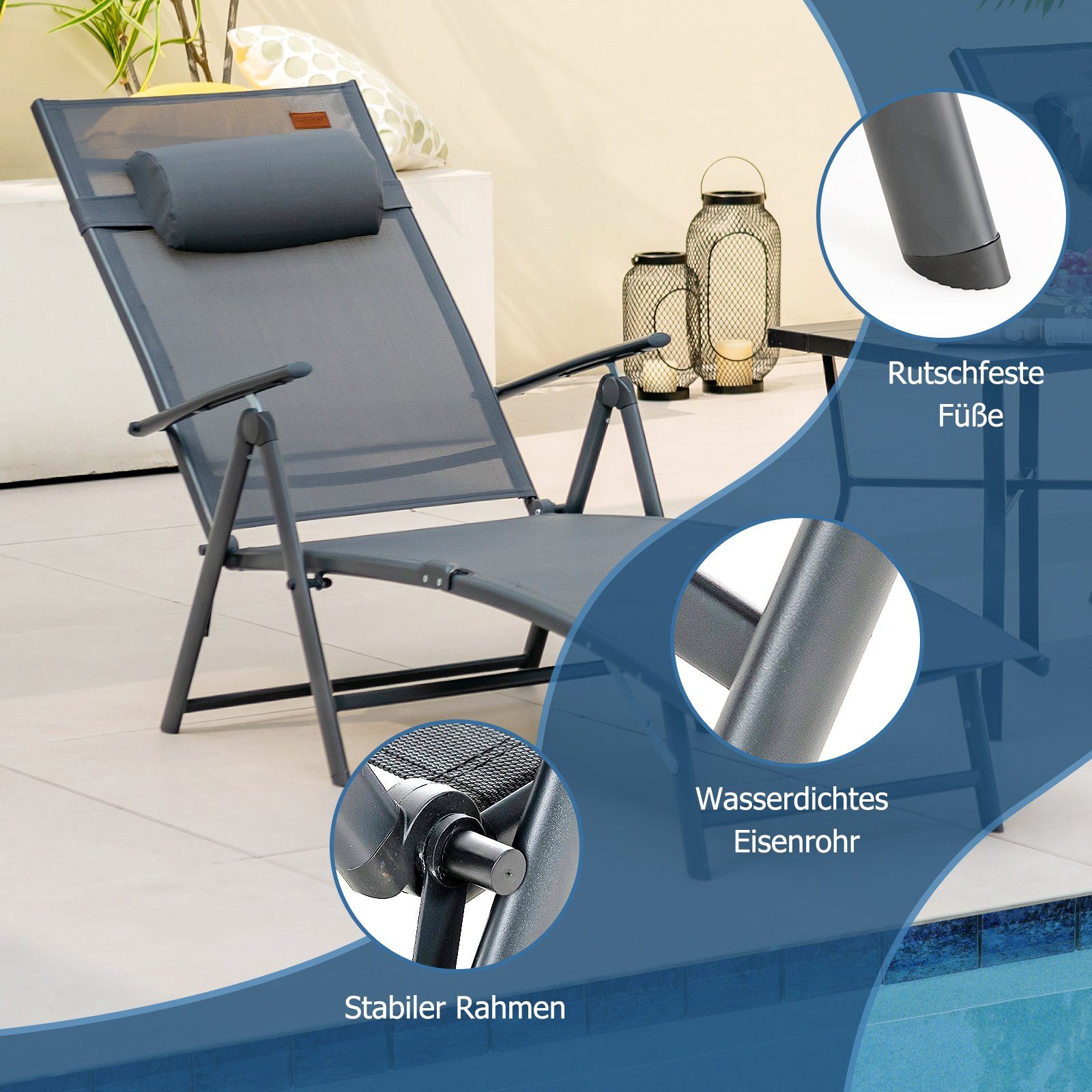COSTWAY Gartenliege Sonnenliege, 7-fach verstellbar, mit Kopfstütze