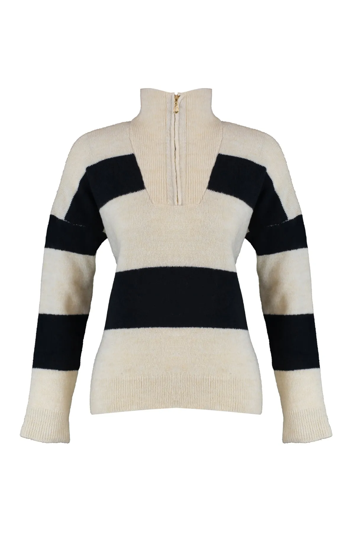 Trendyol Collection  Steinfarbener, weich strukturierter Strickpullover mit Stehkragen und Reißverschluss TWOAW22KZ0424