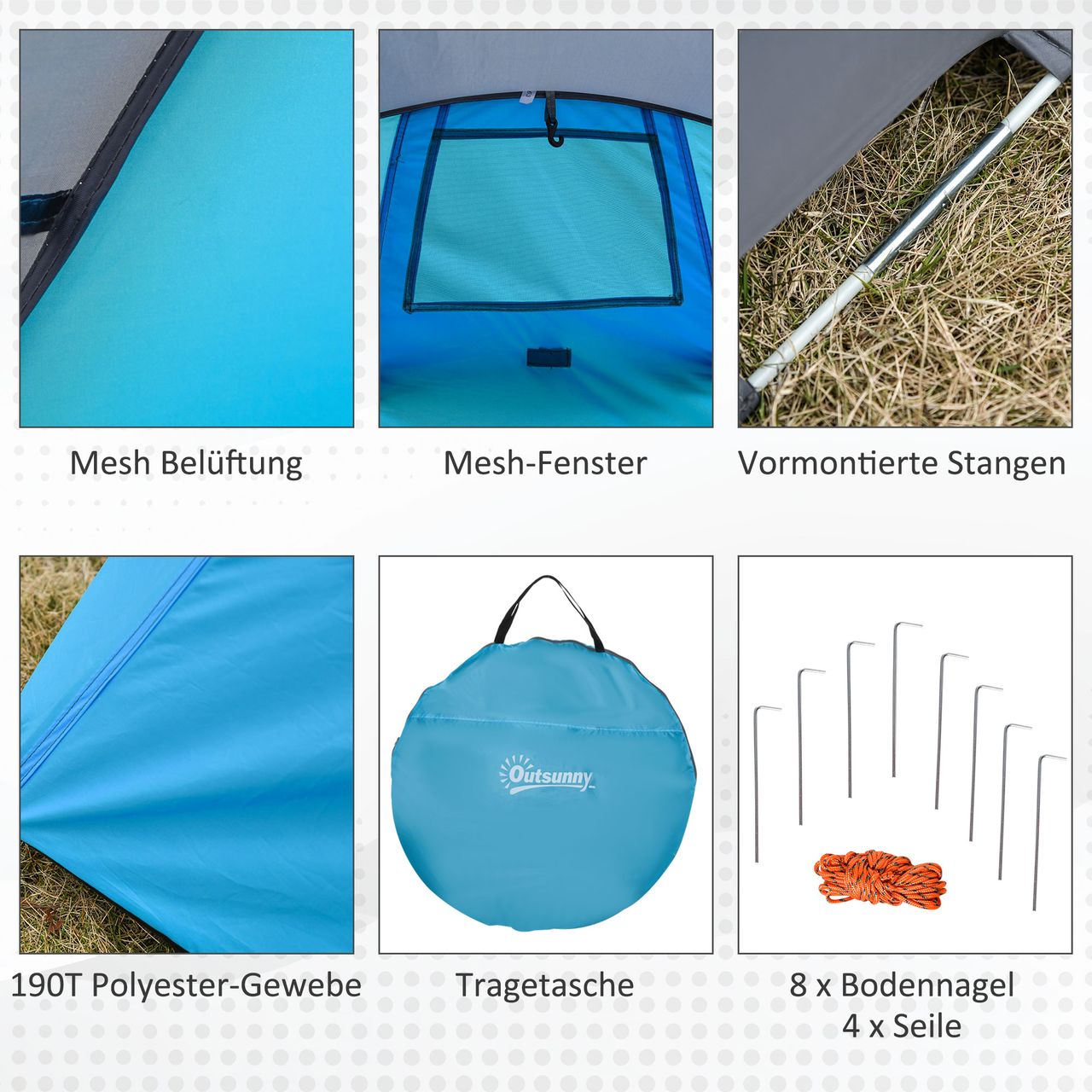 Outsunny Pop up Zelt für 1-2 Personen Campingzelt für 3 Jahreszeiten Blau Grau 220 x 108 x 110 cm