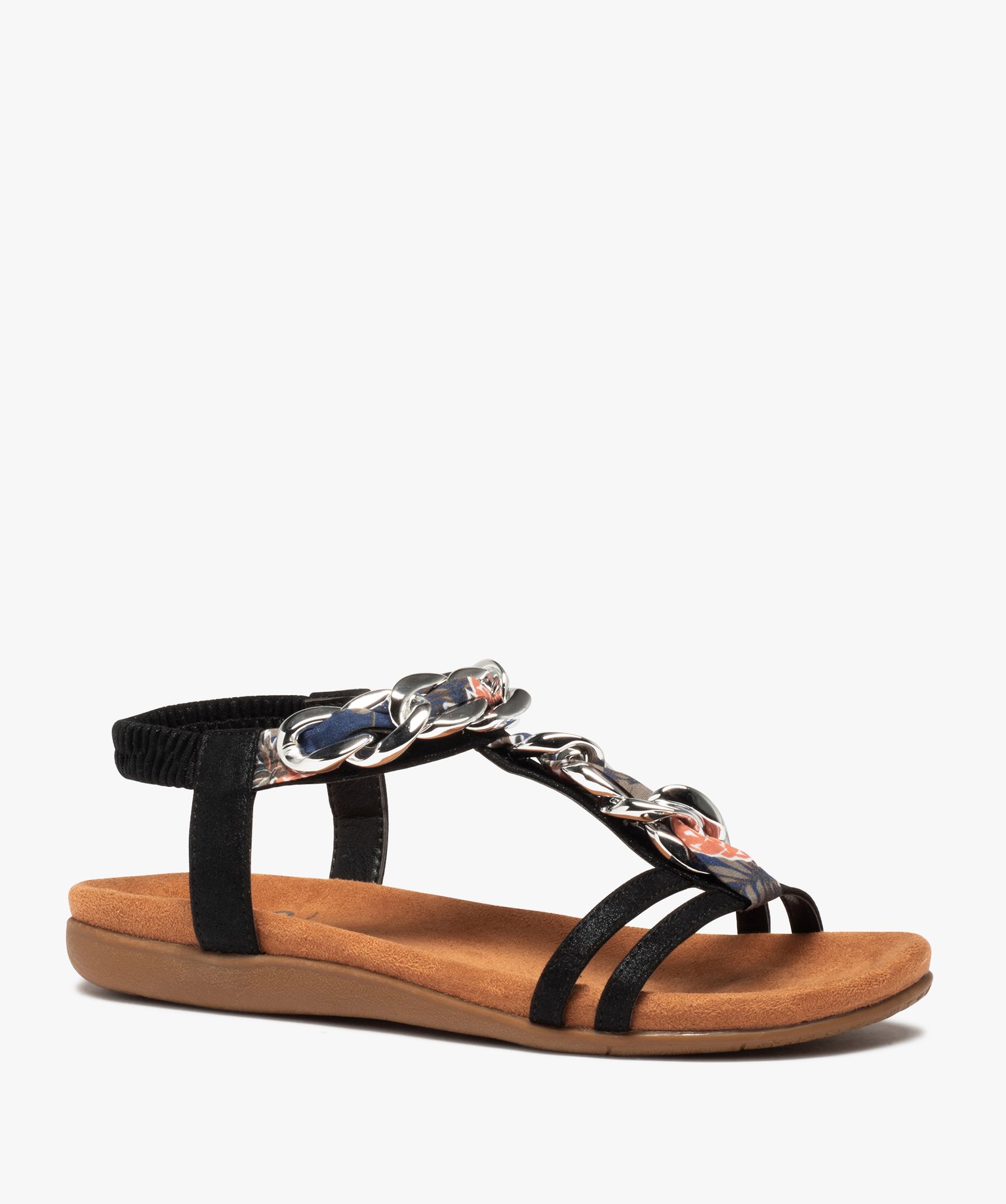 Sandales femme à bride élastique et chane métallique noir | GEMO