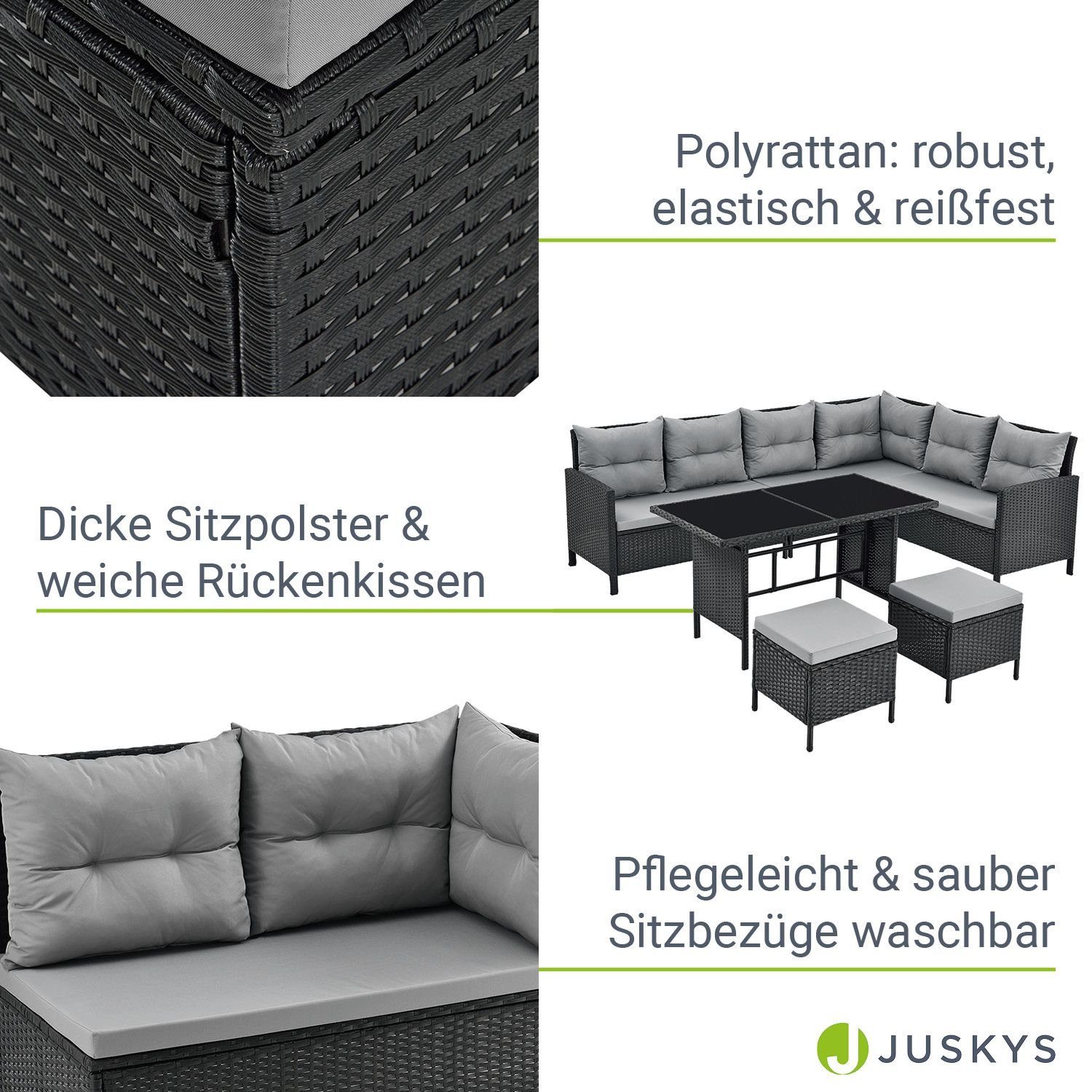 Juskys Gartenlounge-Set Manacor, (Gartenlounge), Polyrattan Gartenmöbel-Set mit Garten-Sofa, Garten-Tisch und 2 Hocker